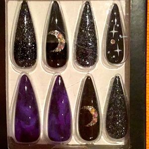 New Kiss Special Design XL glue on Nails Black Purple Moons Glittery